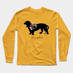 Cute Dachshund Dog Silhouette with Roses Long Sleeve T-Shirt